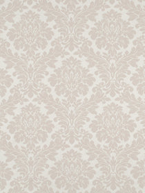 Beige damask wallpaper pattern on light cream background; ornate floral scrolls for vintage decor.