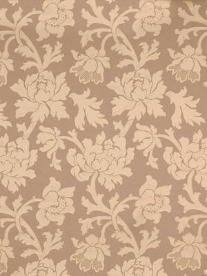Taupe background with pale beige damask floral pattern; upholstery fabric.