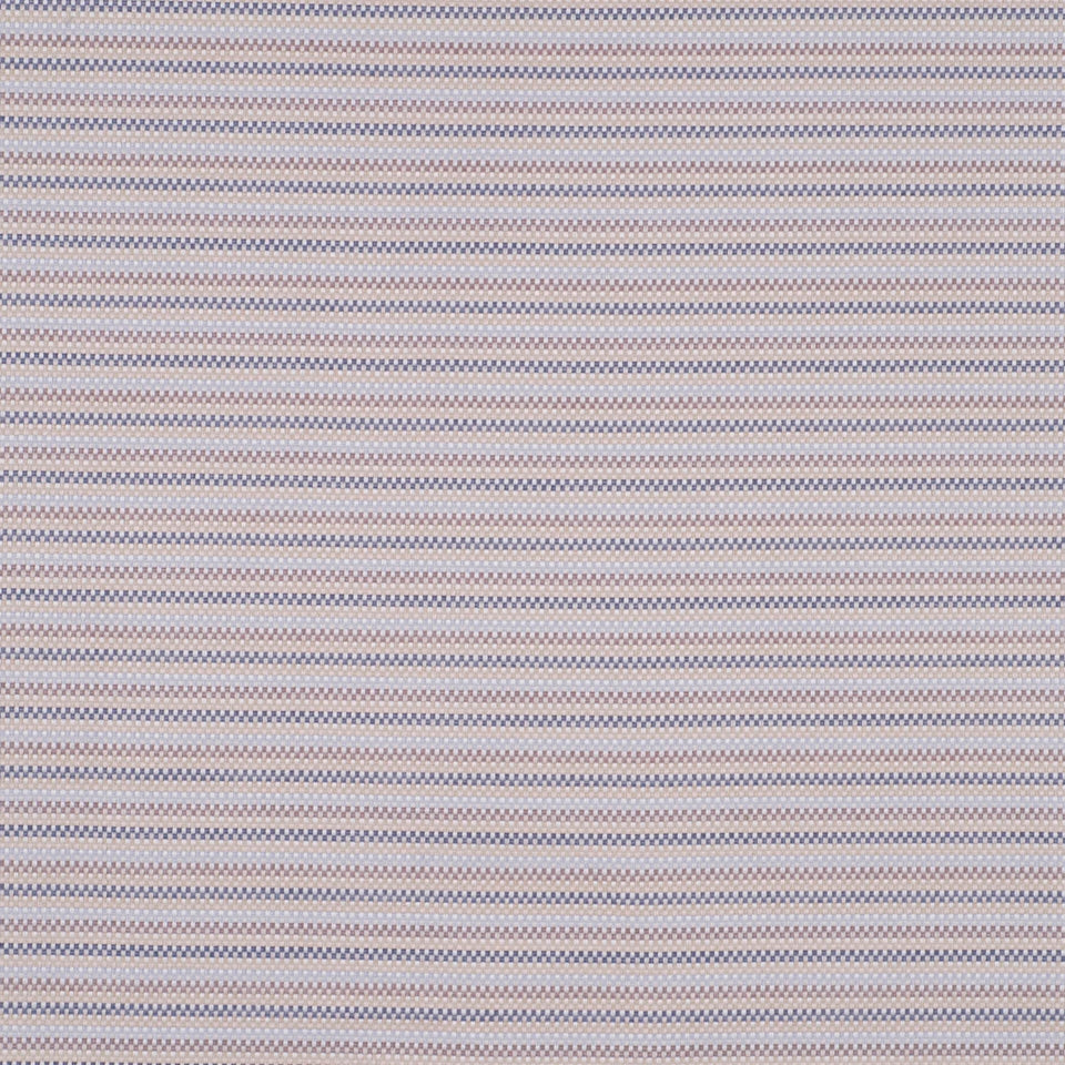 Blue and beige narrow striped woven upholstery fabric swatch with subtle texture.