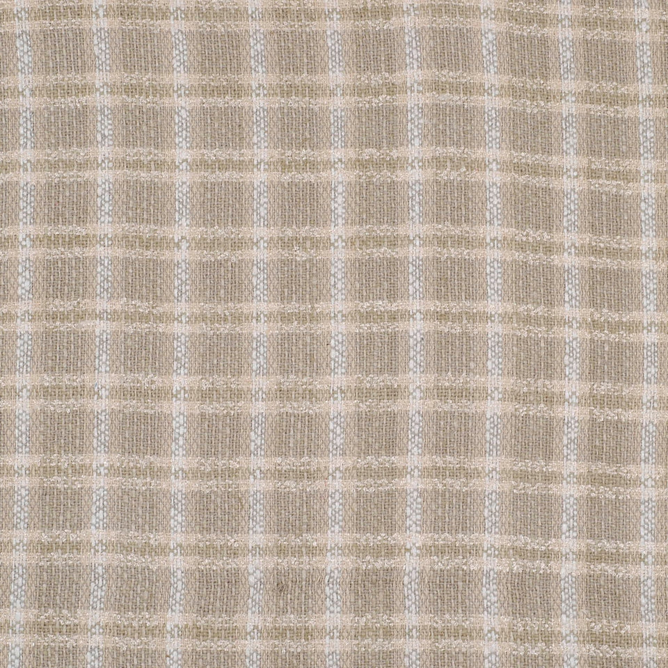 Beige plaid woven fabric with white lines, soft texture for upholstery or apparel.
