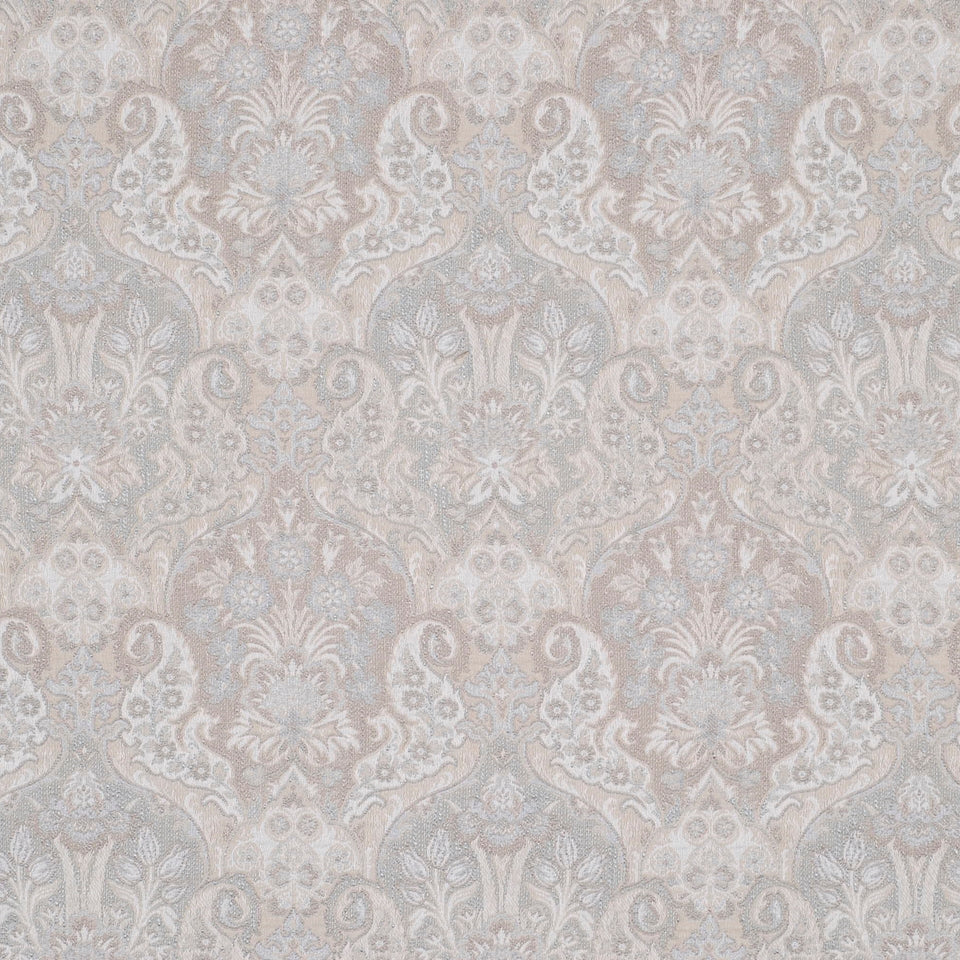 Beige damask upholstery fabric with ivory floral scrolls on a subtle gray background.