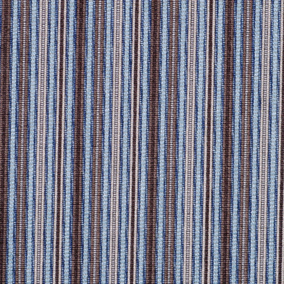 Blue, brown and beige striped woven fabric with narrow vertical stripes, ideal for upholstery or a rug.