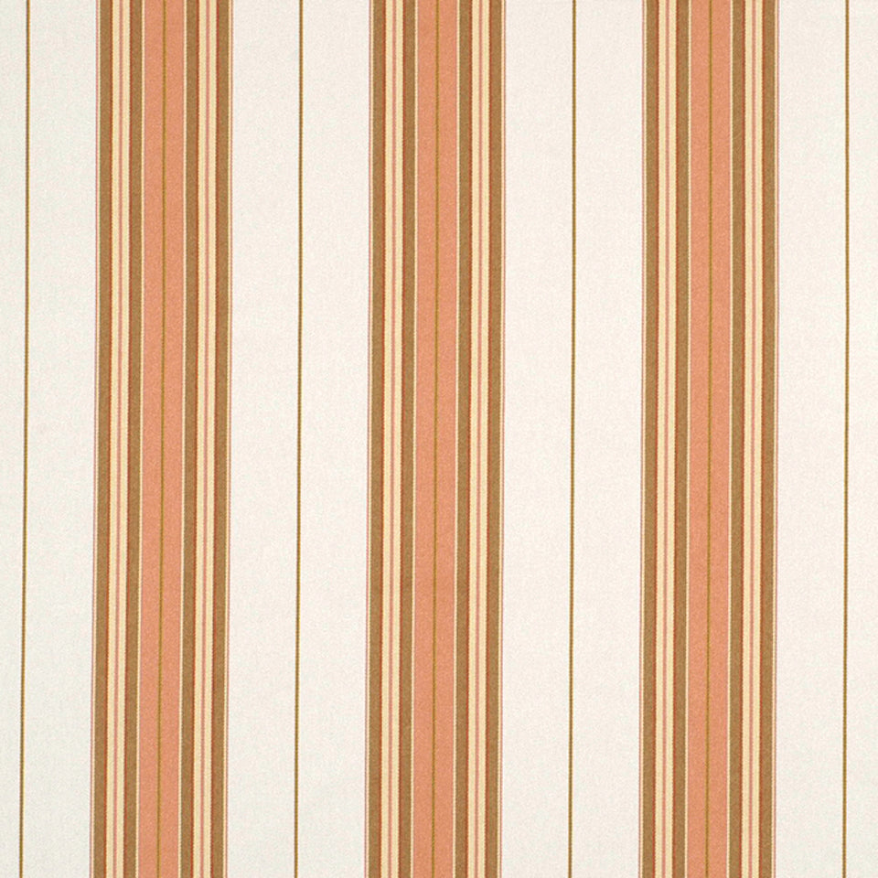 Upholstery fabric with vertical stripes: cream background with rust-orange and brown stripes in a repeating pattern.