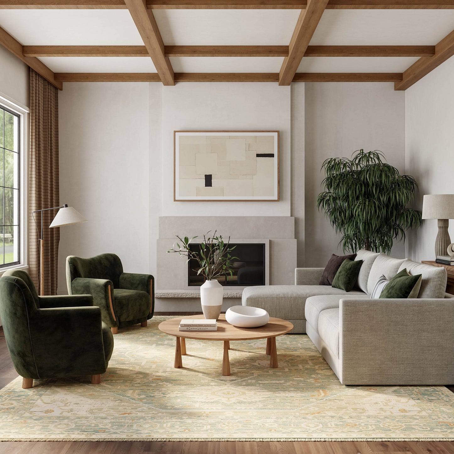 Vintage rug on the floor, 8' x 10' in a living room setting.