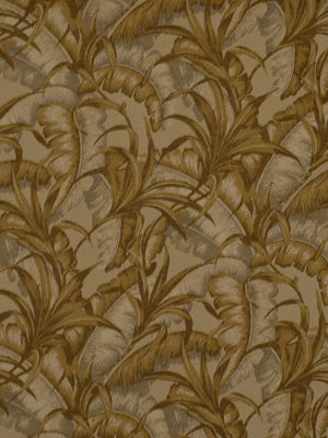 Gold-brown tropical palm leaf pattern fabric with textured upholstery, suitable for drapery or furniture.