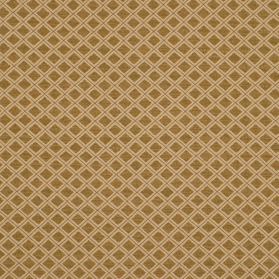 Gold & beige lattice fabric with diamond trellis pattern & subtle woven texture, ornate upholstery textile.