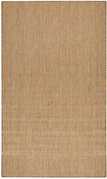 Beige burlap-textured rectangular rug with natural fiber weave, rustic floor mat.