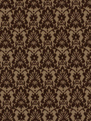 Dark brown damask floral pattern on warm beige background, upholstery fabric.