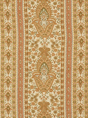 Traditional damask upholstery fabric swatch with amber-gold floral medallions on ivory, with warm beige and rust tones.