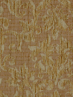 Gold-brown jacquard damask upholstery fabric with ornate floral motif; warm background.
