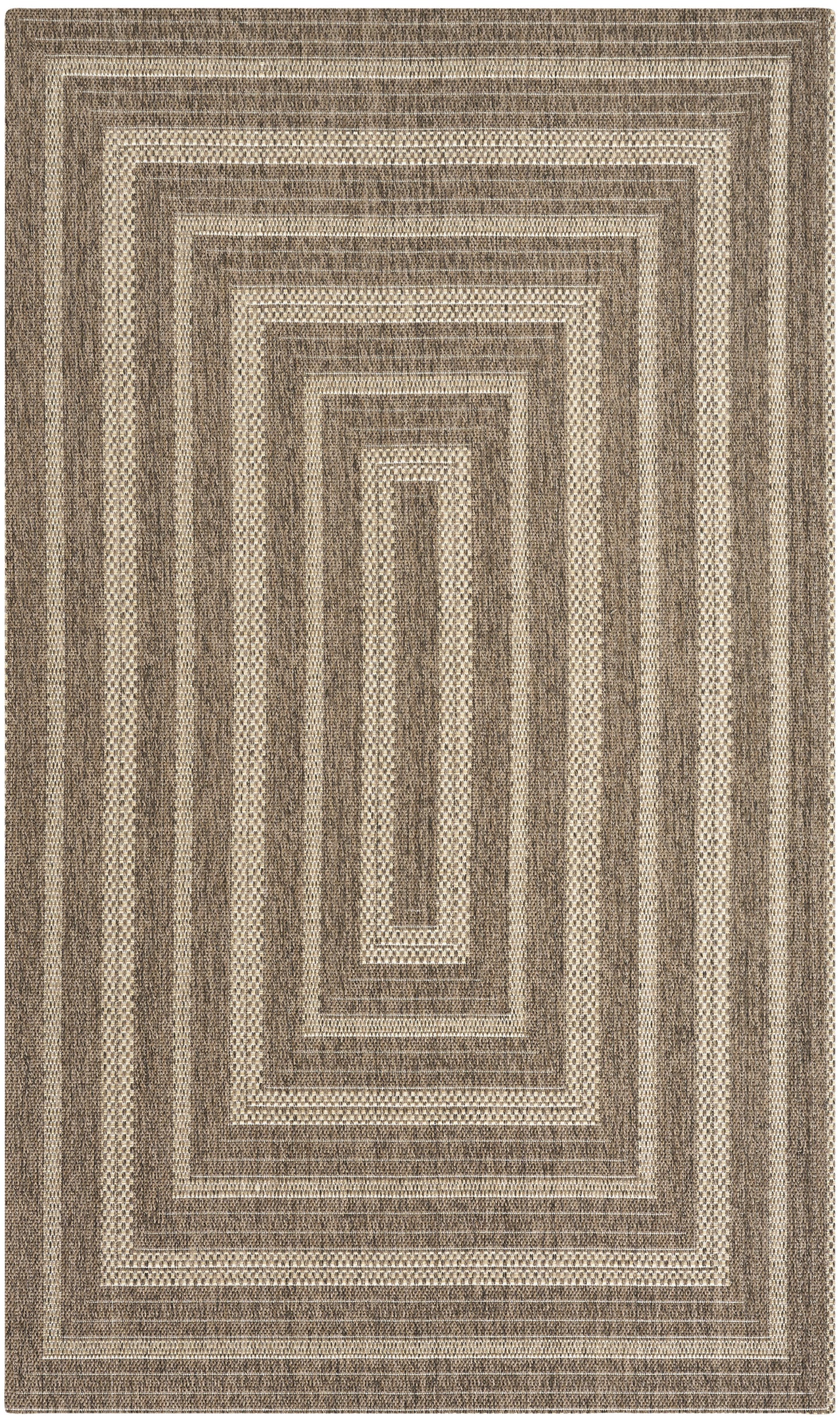 Neutral brown and beige rectangular area rug with layered concentric rectangles in a textured flat-weave pattern.