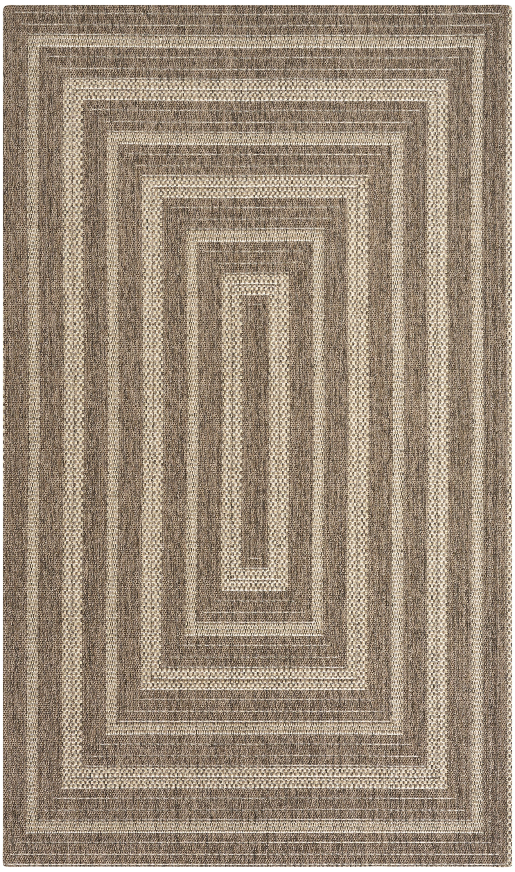 Neutral brown and beige rectangular area rug with layered concentric rectangles in a textured flat-weave pattern.