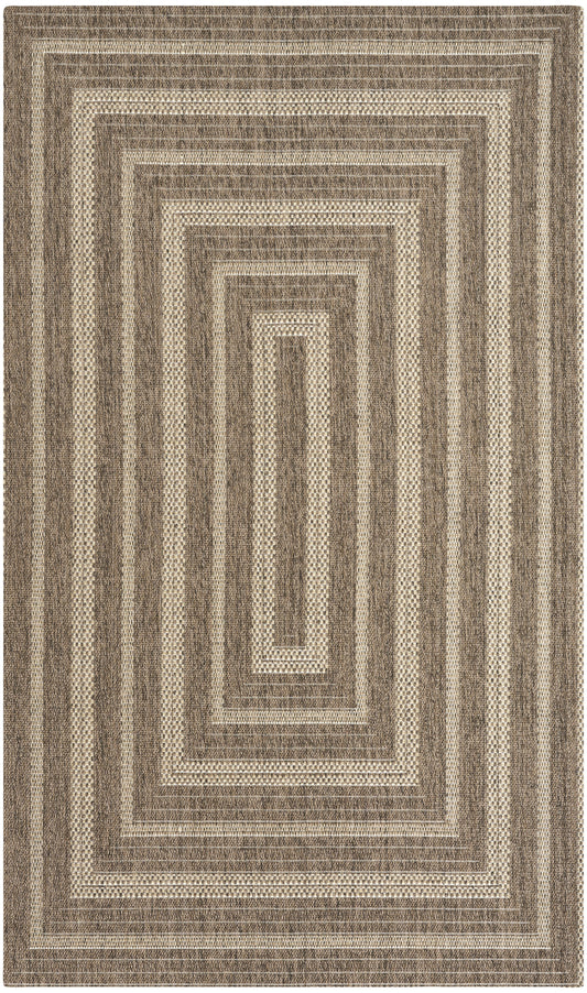 Neutral brown and beige rectangular area rug with layered concentric rectangles in a textured flat-weave pattern.
