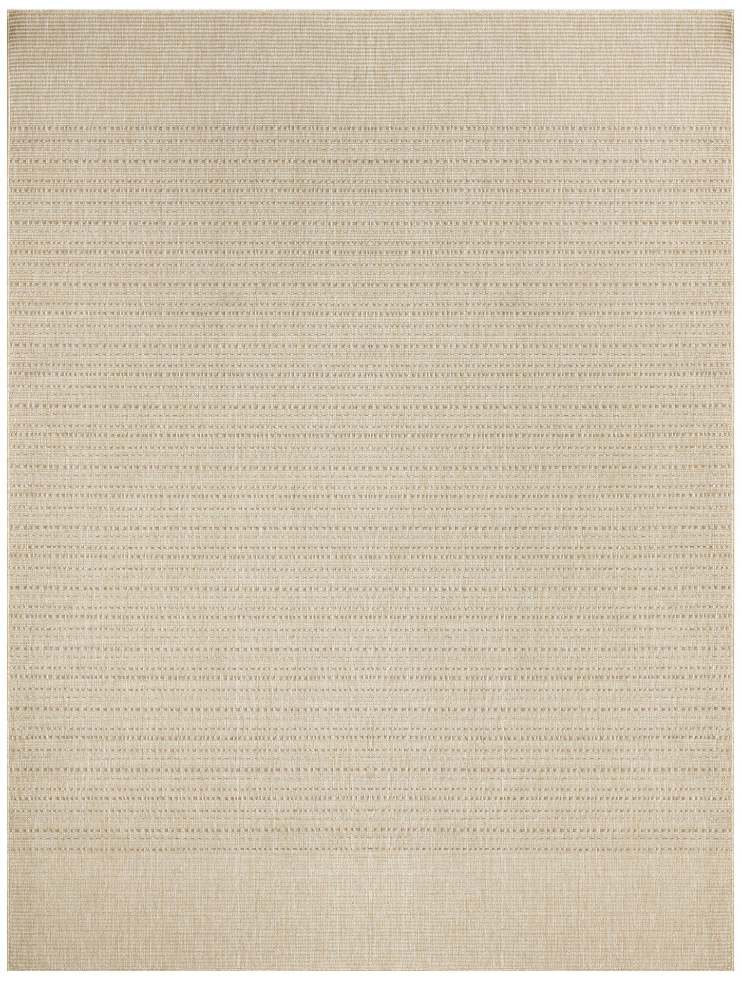 Beige flat-weave rug with subtle horizontal stripes and textured weave.