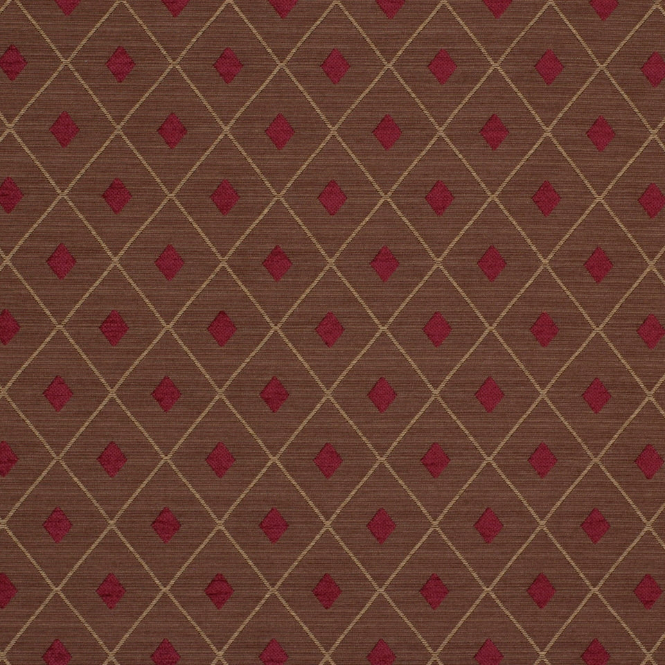 Brown upholstery fabric with tan lattice diamonds and small red diamond motifs; geometric, classic damask-style pattern.