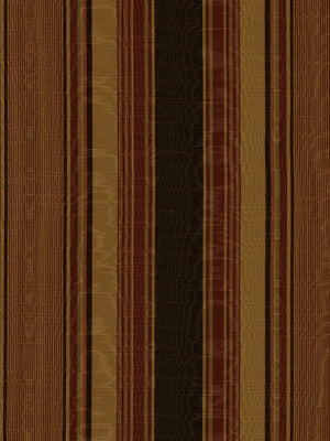 Woven fabric with vertical brown & tan stripes, accented with gold & black; drapery fabric.