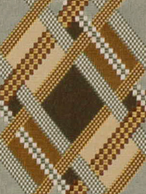 Geometric woven upholstery fabric in brown, tan, white and black with interlaced bands forming a diamond motif.