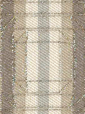 Beige plaid fabric with cream and taupe checks; shimmering bead trim outlines a central square