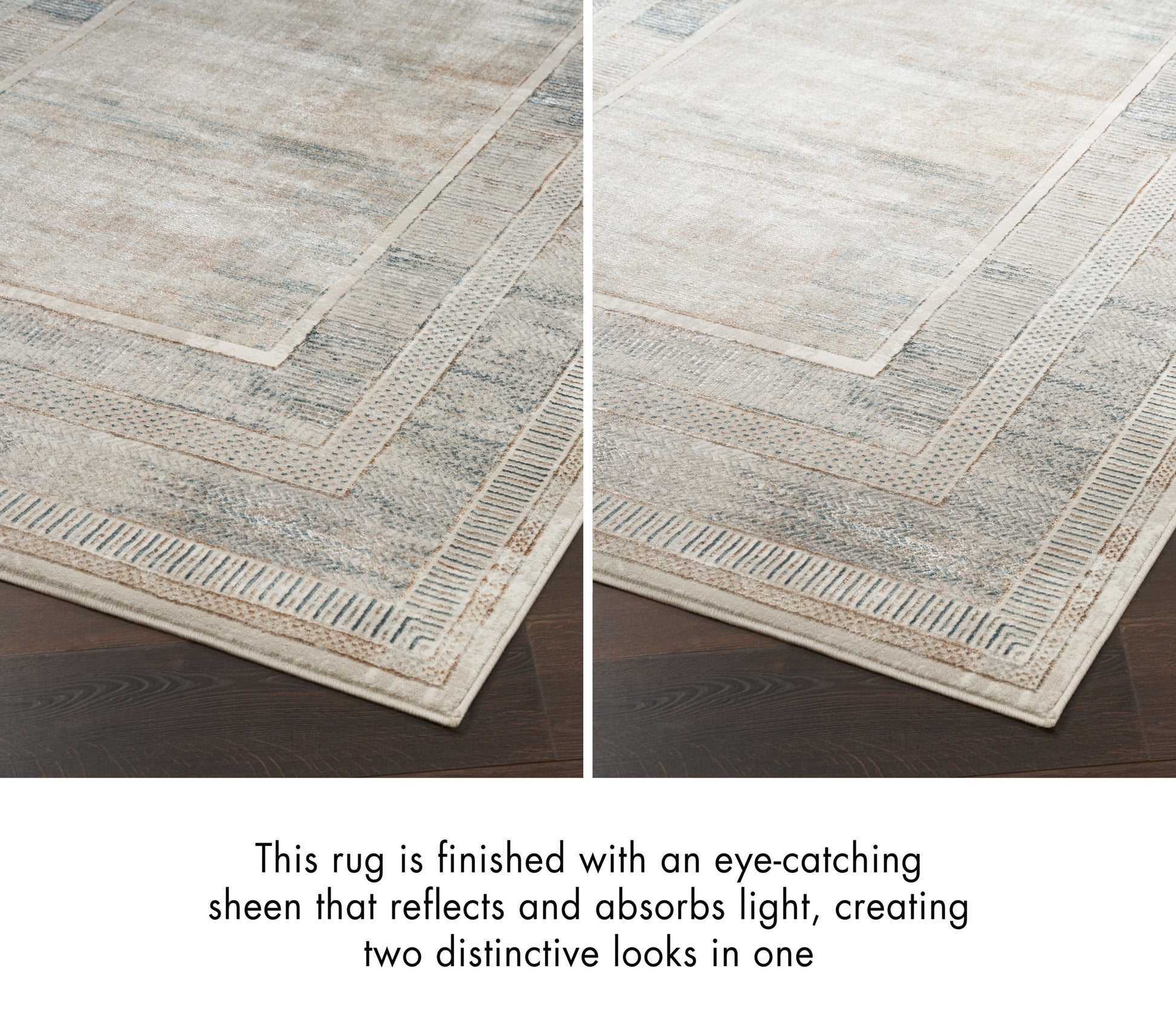 Beige-gray geometric runner with a bordered frame and subtle sheen that shifts with light for two distinct looks.