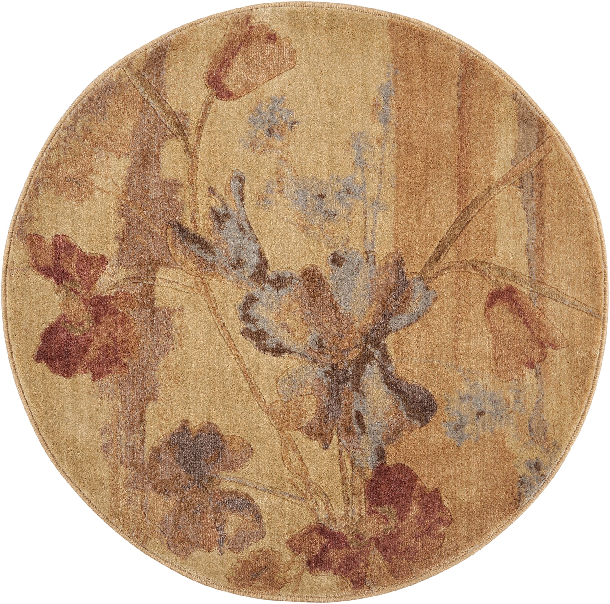 Round beige rug with golden undertones and soft floral vines in muted red, blue & taupe.