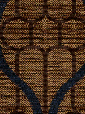 Woven upholstery fabric in Java with brown-gold ogee-maze pattern and dark navy arches.