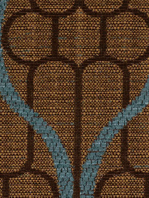 Brown upholstery fabric with tan circular motifs and teal-blue curved vines.