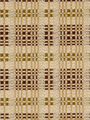 Beige woven fabric with brown plaid grid pattern; rustic textured textile for upholstery or drapery.