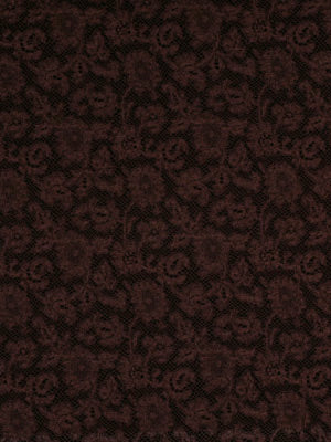 Dark brown damask-patterned drapery fabric with ornate floral motifs.