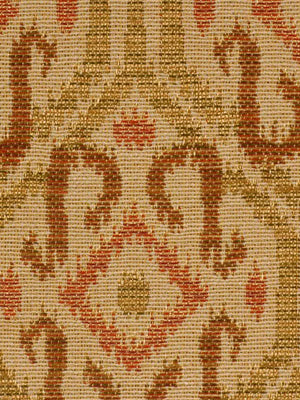 Woven upholstery fabric with a diamond motif in rust red & golden beige on a warm beige background.