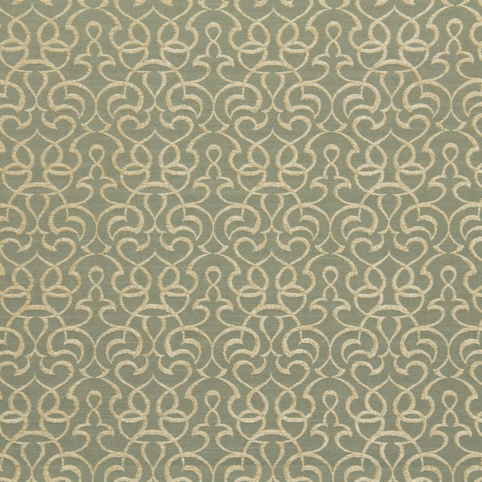 Pumice-colored woven upholstery fabric with an interconnected loop damask pattern.