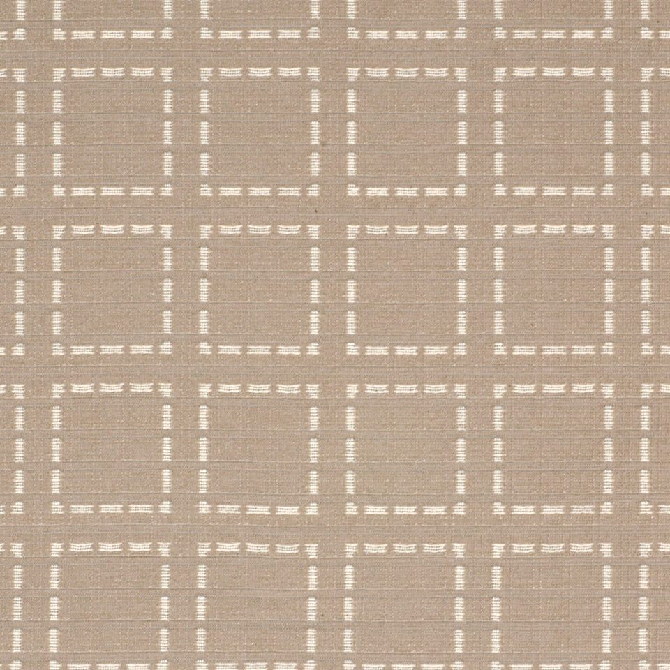Beige woven fabric with white dashed square grid pattern.