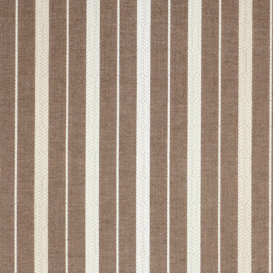 Brown and cream vertical striped woven upholstery fabric.
