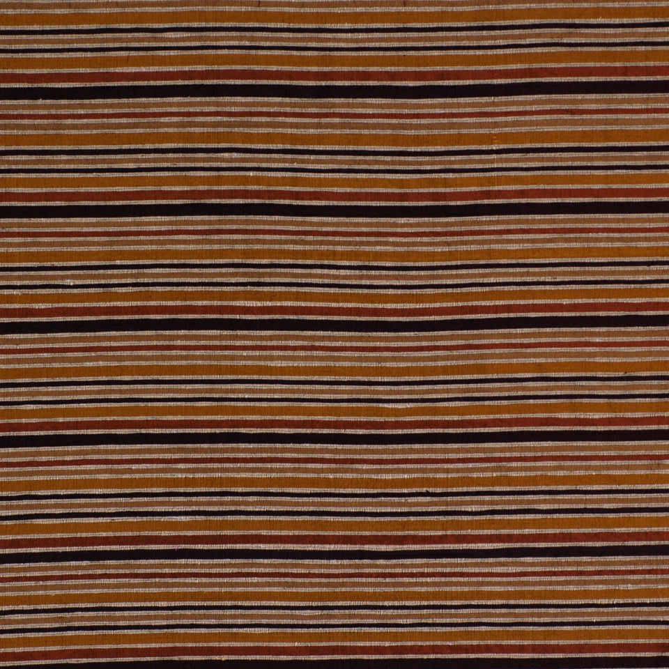 Woven striped fabric in warm orange, tan, brown and black horizontal bands.