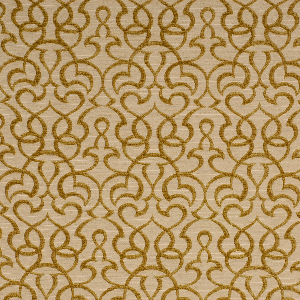 Gold interlocking loop pattern on beige textured background; decorative geometric motif for upholstery or wallpaper.