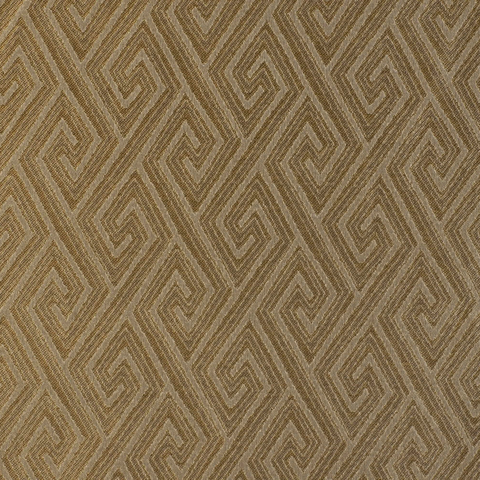 Beige and tan Greek key patterned woven fabric with textured surface, ideal for upholstery or drapery.