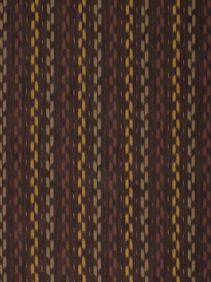 Dark brown woven fabric with vertical gold and tan dotted stripes; decorative upholstery textile pattern.