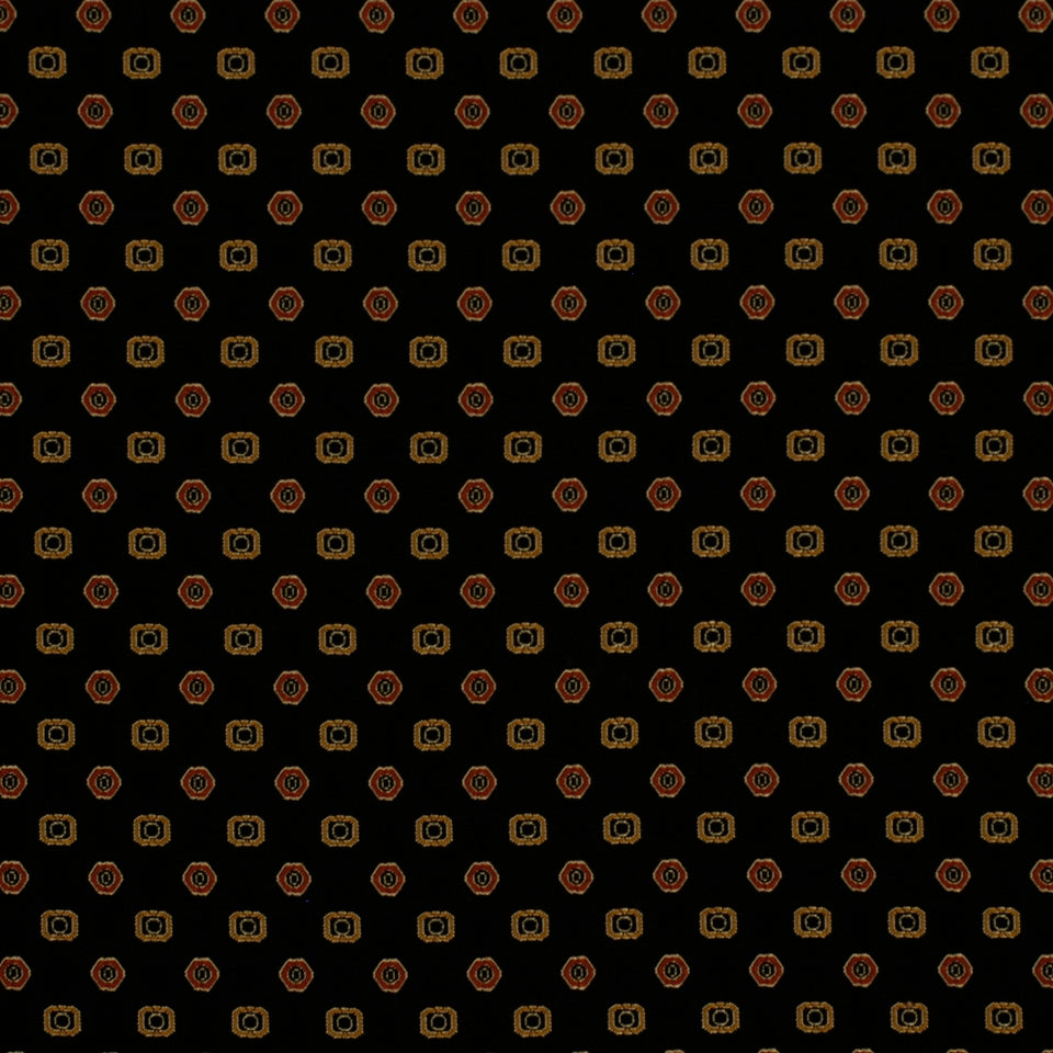 Black fabric with a repeating pattern of tiny gold and copper vintage camera icons.