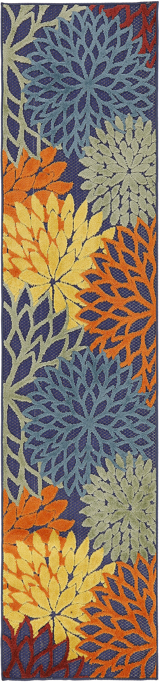 Vertical fabric with large chrysanthemum blooms in blue, yellow, orange and pale green on a navy background—scarf pattern.
