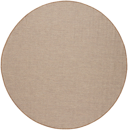 Round beige rug with a brown edge and subtle woven texture.