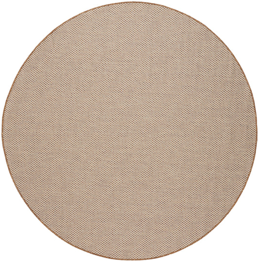 Round beige rug with a brown edge and subtle woven texture.
