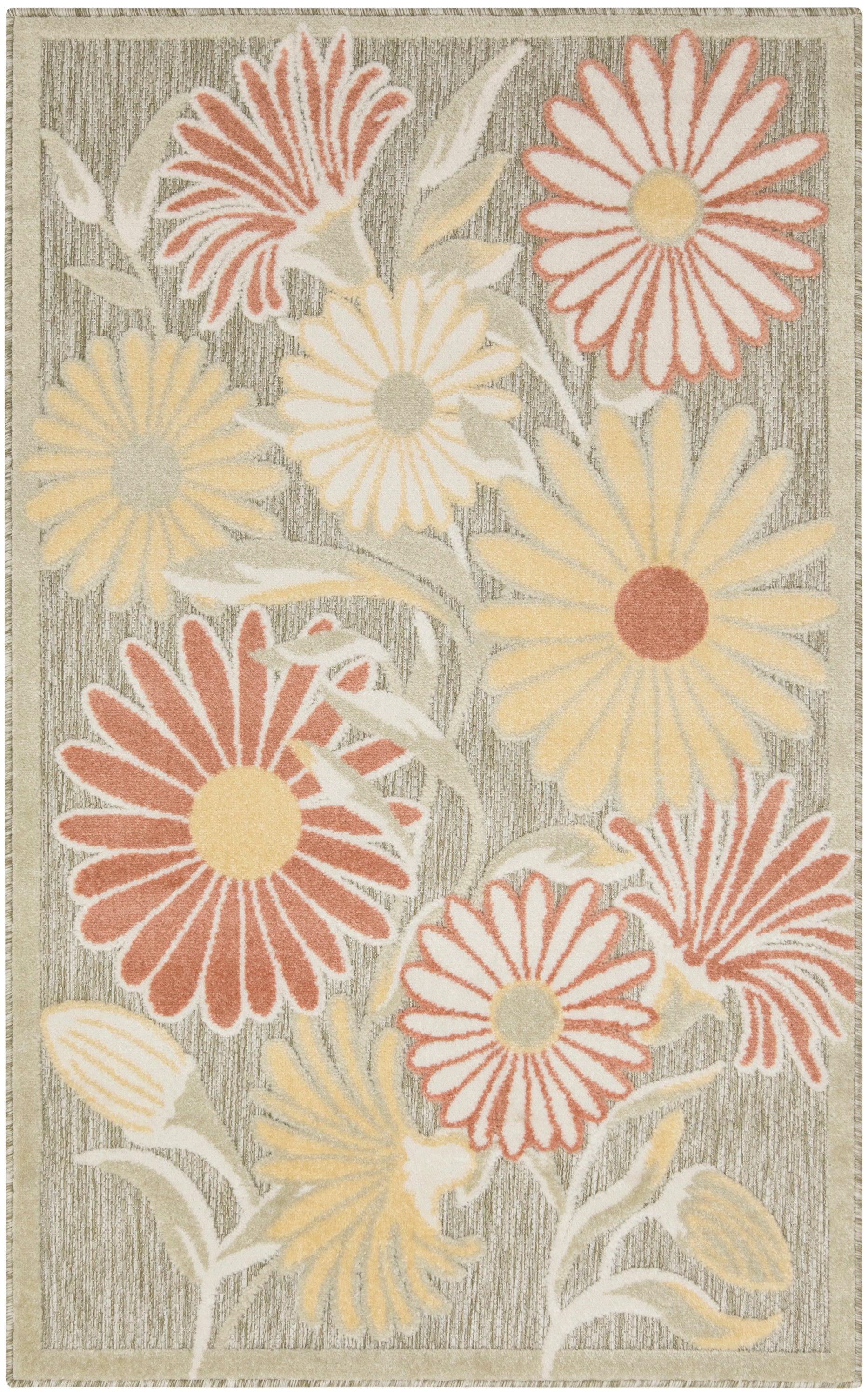 Floral outdoor rug with large pastel daisies in coral, yellow and ivory on a gray textured background with a beige border.