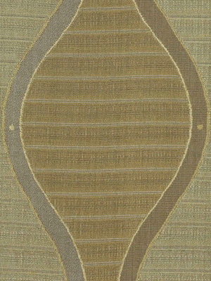 Olive green woven rug with a taupe teardrop-border motif and subtle horizontal stripes.