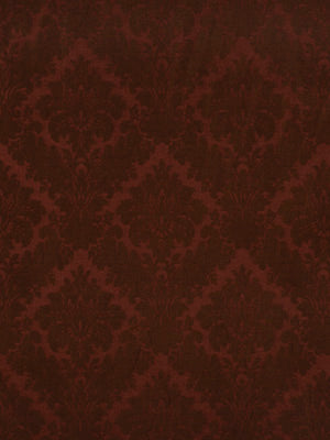 Deep burgundy damask pattern upholstery fabric with ornate floral motifs.
