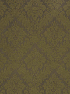 Olive-brown upholstery fabric featuring a bronze-gold damask pattern.