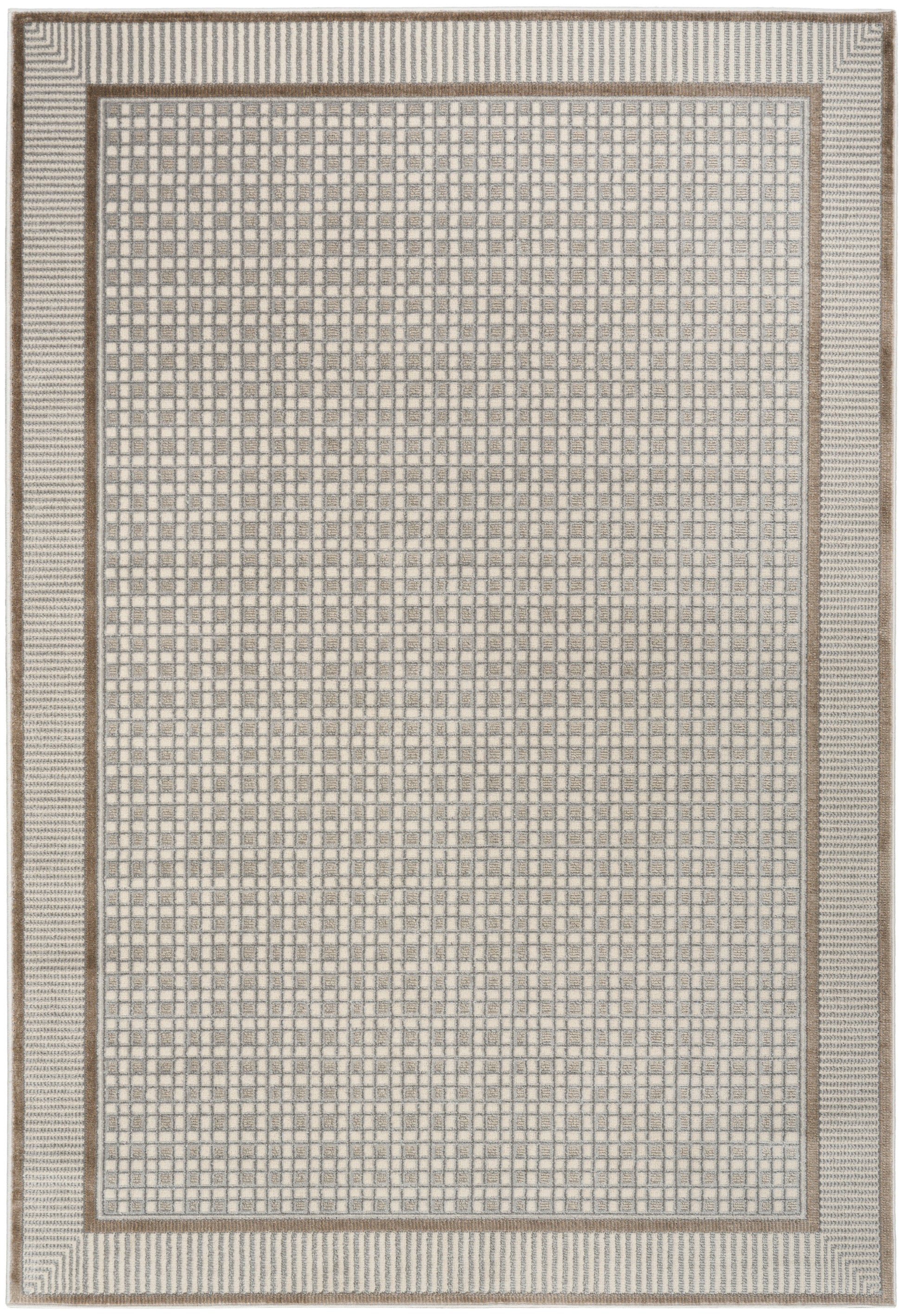 Beige and ivory grid rug with taupe border and striped outer edge.