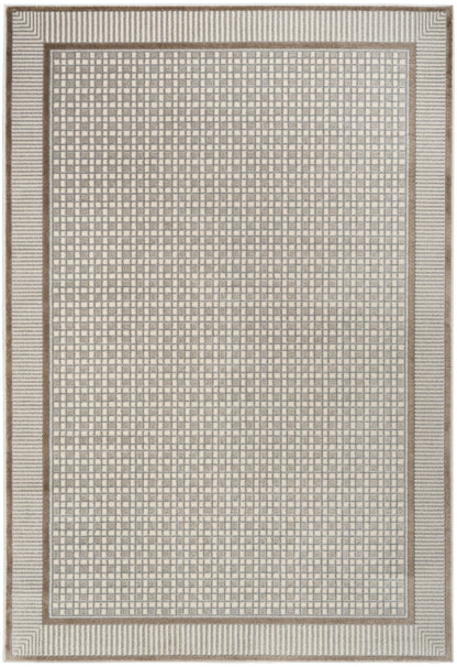 Beige and ivory grid rug with taupe border and striped outer edge.