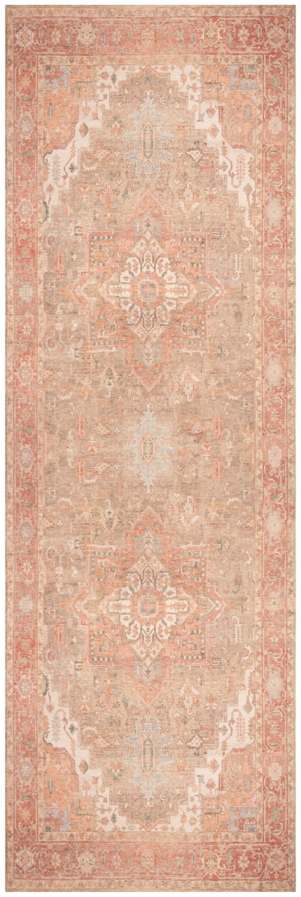 Long peach oriental runner rug with faded pink tones, central medallions and intricate border, vintage distressed style.