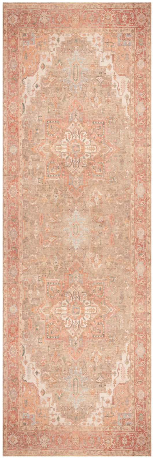 Long peach oriental runner rug with faded pink tones, central medallions and intricate border, vintage distressed style.