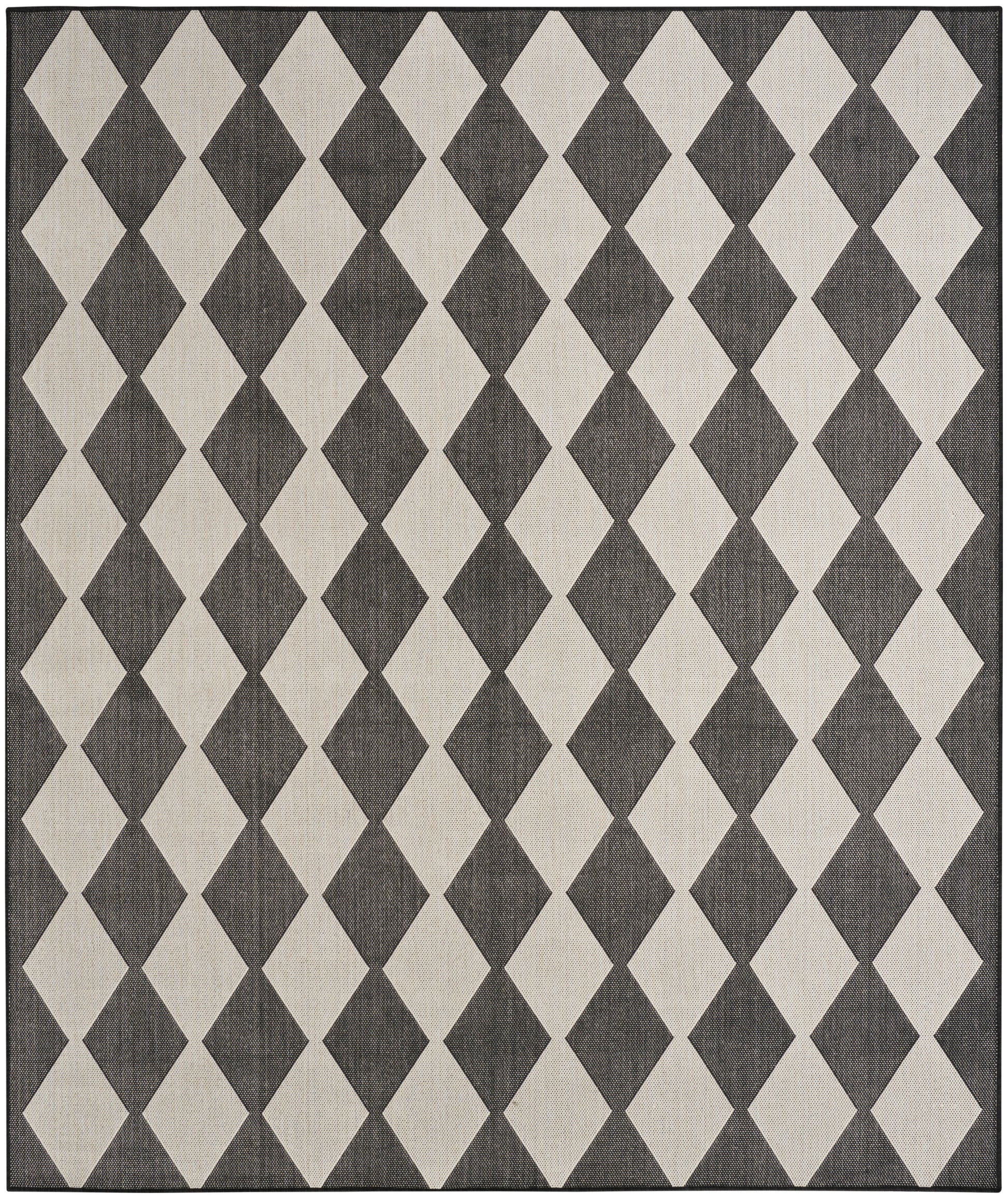Charcoal and cream diamond-pattern area rug with woven texture and a dark border.