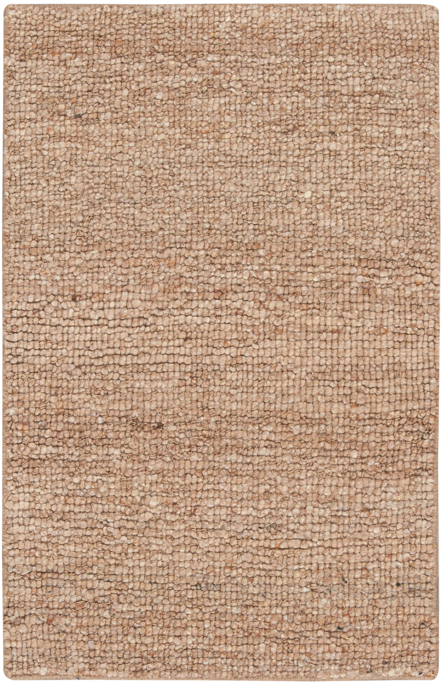 Rectangular beige loop-pile rug with dense, pebble-like texture in warm tan tones.